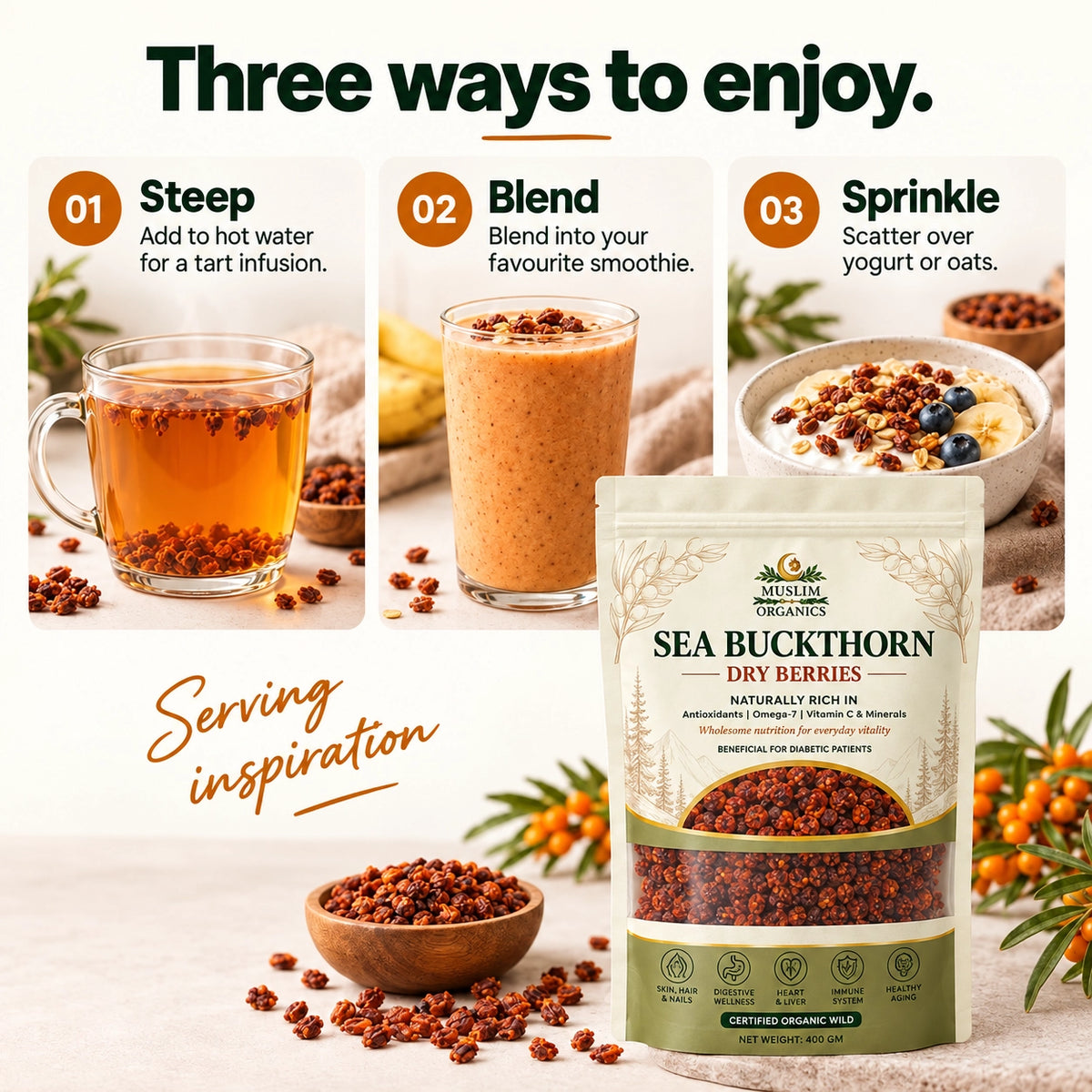 100% Natural Sea Buckthorn Dried Berries – (400g Pack)