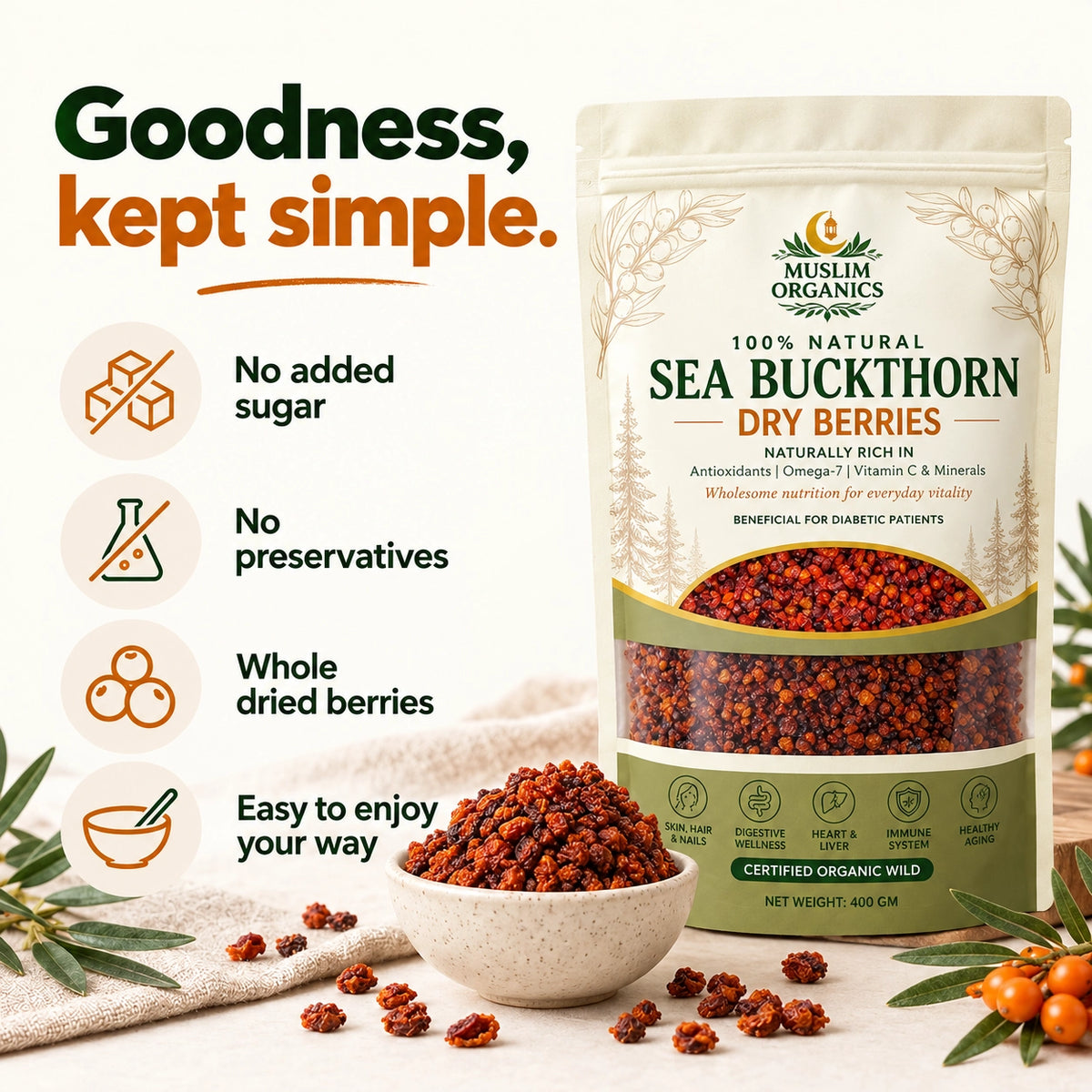 100% Natural Sea Buckthorn Dried Berries – (400g Pack)